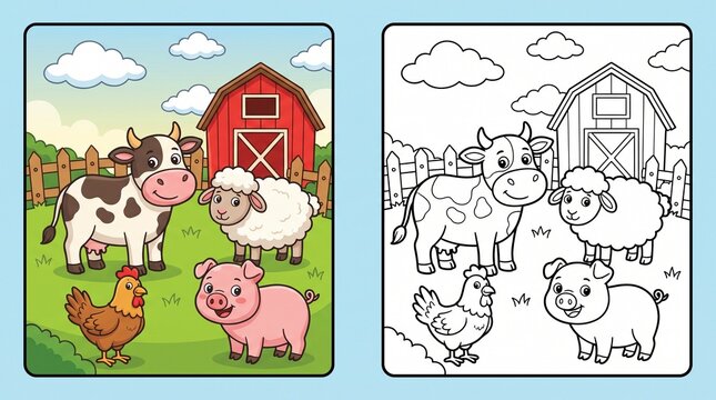 Cartoon farm animals coloring page worksheet for kids with coloring, worksheet