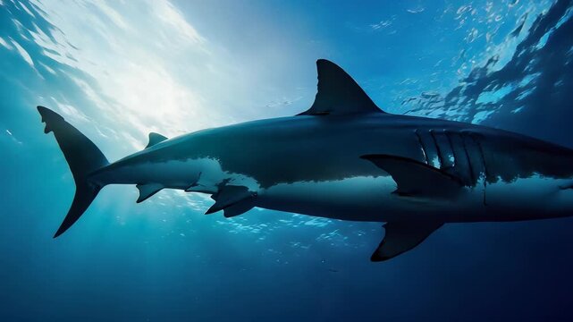 Majestic Great White Shark Swimming Underwater with Sunbeams, Powerful Apex Predator in Blue Ocean Environment.