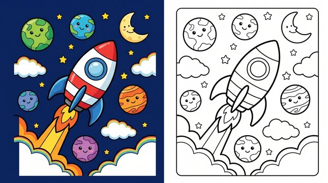 Space coloring page for kids with rocket launching coloring activity learning