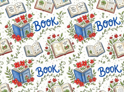 Seamless pattern with open books, red flowers, and the word book isolated on white background