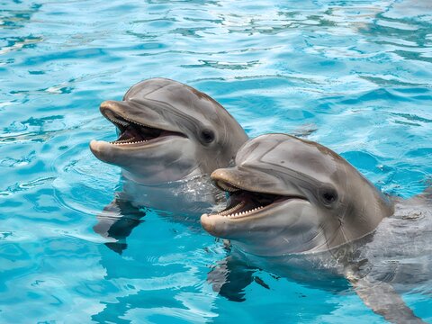 Two playful bottlenose dolphins swimming together in clear turquoise water with smiles