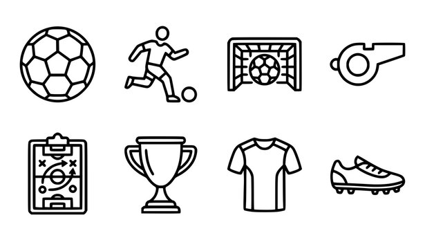 Hand drawn doodle soccer and football icon set featuring ball player goal referee whistle tactics board trophy jersey and cleat for sports design
