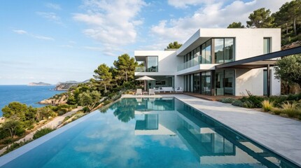 Fototapeta premium A modern, minimalist white house with a large infinity pool overlooking the ocean, featuring a glass facade and a wooden deck.