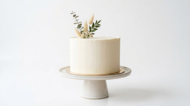 A simple white cake with a single layer, adorned with dried flowers and greenery, placed on a white cake stand against a plain white background.