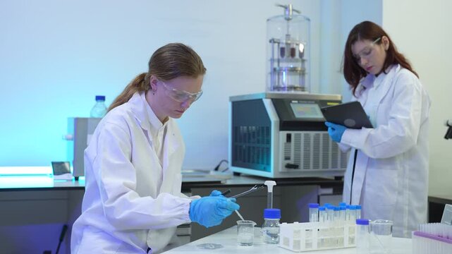 Scientists conduct chemical research and data analysis in a modern laboratory, driving innovation, biotechnology, healthcare, and scientific discovery through teamwork.