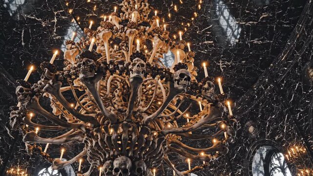 A macabre chandelier crafted from bones and skulls, illuminated by flickering candles, set against a gothic architectural backdrop.