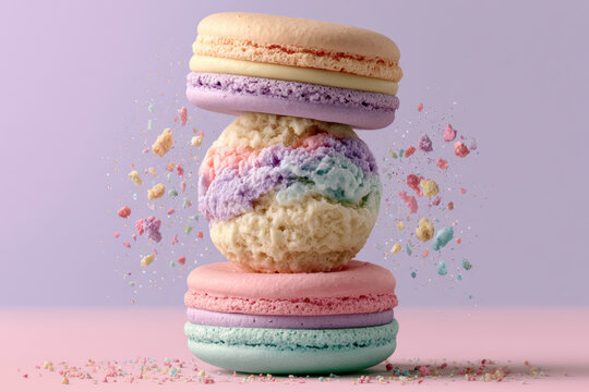 Ice cream sandwich macaron dessert pastel colorful floating crumble food styling studio playful stack with macaron cookie, rainbow ice cream scoop