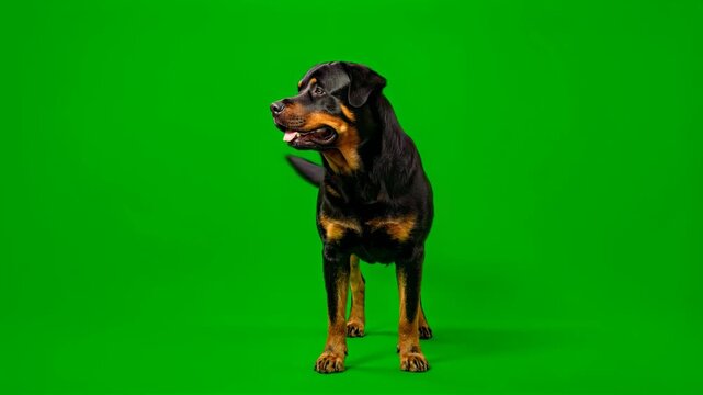 Rottweiler dog standing looking at camera green screen 4K video for video editing