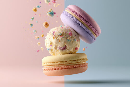 Ice cream macaron dessert floating pastel sprinkle sweet confection colorful food art scene with macaron sandwich and ice cream scoop