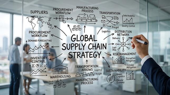 Business professional drawing a global supply chain strategy diagram on a glass wall in a modern office.