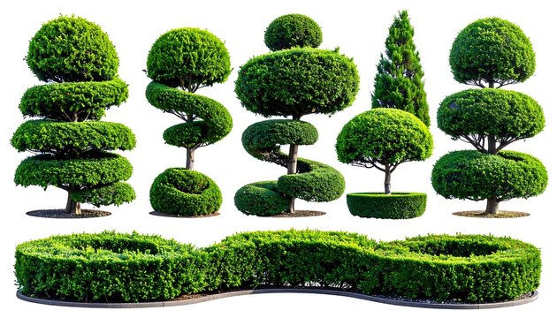 Collection of isolated topiary trees and manicured green hedges on white background for garden landscaping design