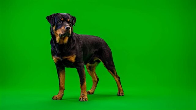 Rottweiler dog standing and looking to the side on green screen 4K video for video editing