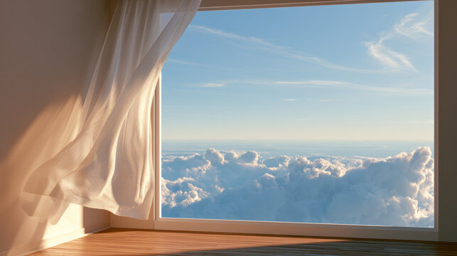 Window curtain cloud sky sunlight interior serene minimal airy View through window with sheer curtain, cloudscape, blue sky, warm sunlight