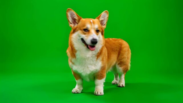 Small happy corgi dog standing on green screen background 4K video for video editing