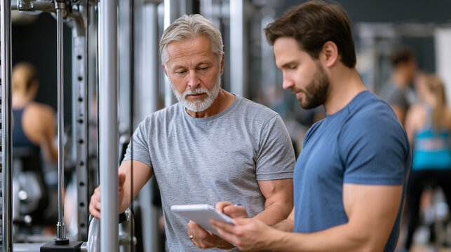 Gym newcomer in his fifties watching a demonstration by a younger personal trainer near a cable machine, notepad in hand, defocused gym members in the background, fitness beginner