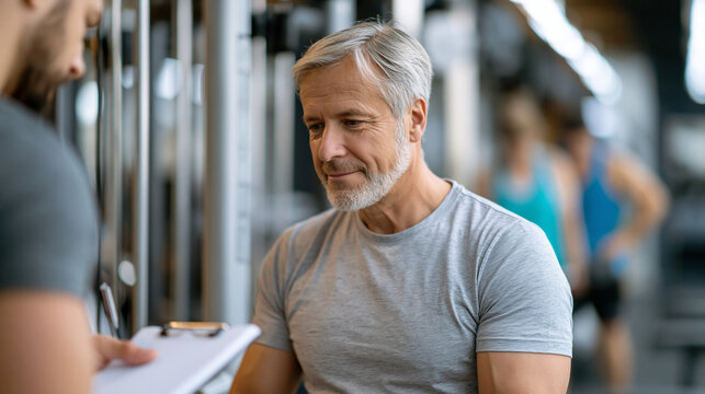 Gym newcomer in his fifties watching a demonstration by a younger personal trainer near a cable machine, notepad in hand, defocused gym members in the background, fitness beginner