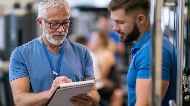 Gym newcomer in his fifties watching a demonstration by a younger personal trainer near a cable machine, notepad in hand, defocused gym members in the background, fitness beginner