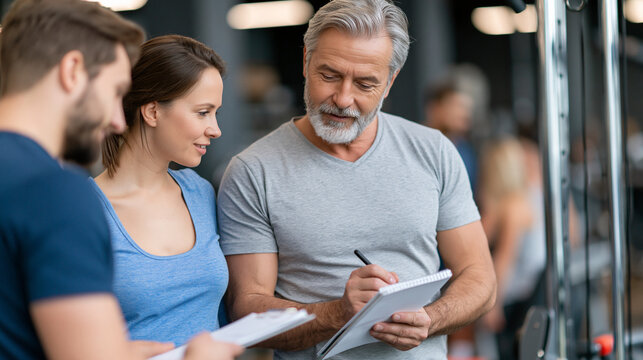 Gym newcomer in his fifties watching a demonstration by a younger personal trainer near a cable machine, notepad in hand, defocused gym members in the background, fitness beginner