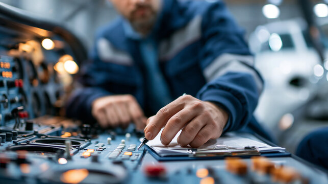 Aircraft maintenance engineer inspecting the cockpit panel of a small plane, technical aviation inspection concept, with copy space