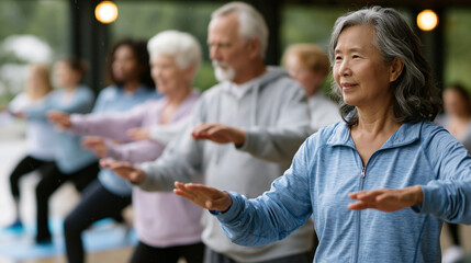 Obraz premium Group of seniors performing tai chi in an outdoor park pavilion during a light drizzle, a young woman joining from an adjacent yoga mat, intergenerational senior fitness concept,