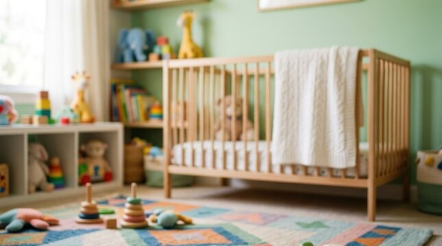 A cozy, well-lit nursery with a wooden crib, colorful toys, and a soft blanket on the crib