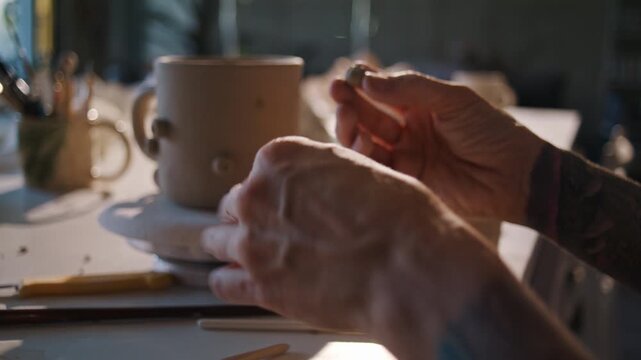 Potter attaches decorative clay detail to handmade mug in studio