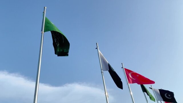 Saudi Arabia Turkey Pakistan National Flags, Waving Flags on Flagpoles, International Relations and Economic Partnership