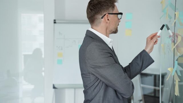 Business professional deeply contemplating project strategy, analyzing ideas and planning solutions on a glass wall with sticky notes in a modern office environment
