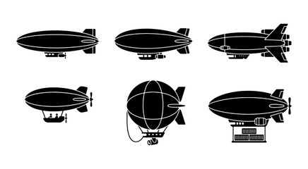 Set of Six Black Airship Silhouettes, Vintage Zeppelin Icons, Retro Dirigible Vector Graphics for Aviation and Travel Concepts © Rahim