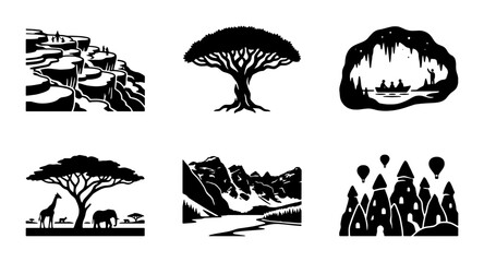 Fototapeta premium African Safari Landscape Icons, Silhouette Nature Scenes, Wildlife & Travel Vector Graphics Set
