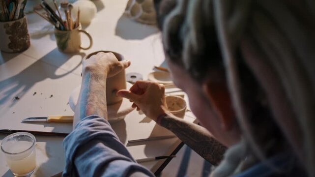Potter fixes tiny clay ornament onto handmade ceramic vessel