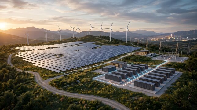 AI Powered Renewable Energy Grid with Solar Panels, Wind Turbines and Smart Energy Infrastructure