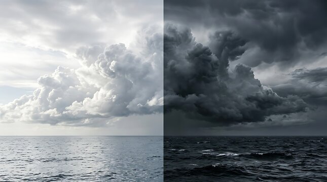 Dramatic storm clouds over calm ocean at dusk