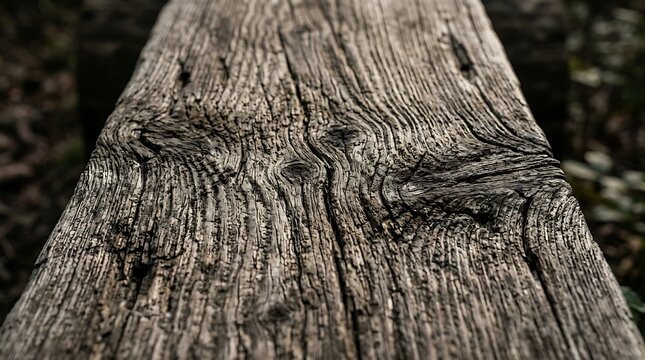 Close up of weathered wooden bench with detailed grain and knots