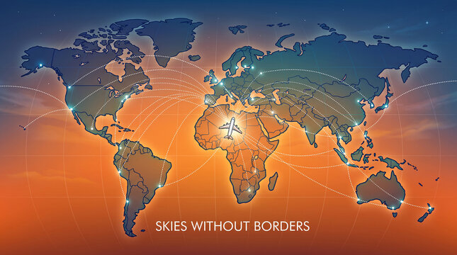 Global air travel connectivity concept featuring stylized airplane routes across a detailed world map background with centered small airplane icon against gradient sunset sky