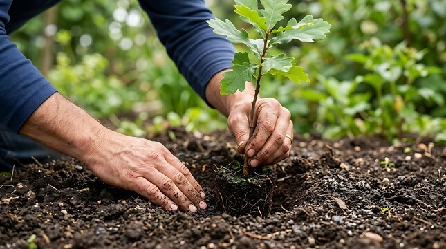 Gardener hands planting a small oak sapling in fertile soil