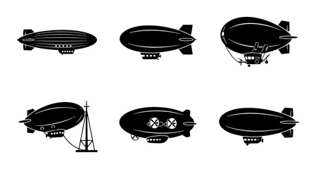 Vintage Airship Collection, Retro Blimp Icons, Classic Zeppelin Graphics, Black Silhouette Set © Orpa