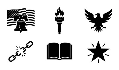 Fototapeta premium American patriotic symbols vector icons: Liberty Bell, flag, eagle, torch, broken chain, open book, star. Set of national emblems for freedom, democracy, and history.