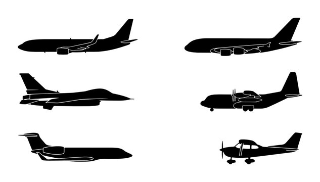 Diverse Aircraft Silhouettes: Commercial Jets, Fighter Plane, Cargo Aircraft, Private Jet, Small Propeller Plane Vector Icons