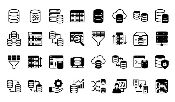 SQL Database Icon Set Black and White Vector Collection with Query Data Server and Coding Symbols EPS10