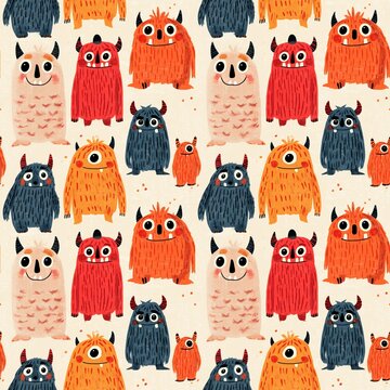 Seamless pattern with colorful funny cartoon monsters on a light background.