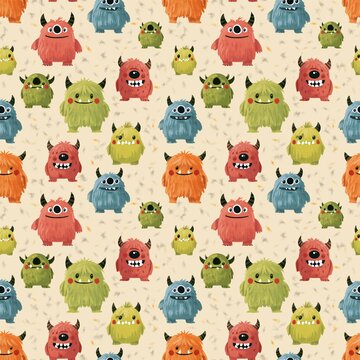 Playful seamless pattern with cute colorful monsters and funny faces on a light background.
