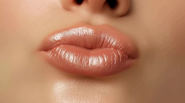 Glossy Lips Closeup With Smooth Skin And Soft Natural Makeup Beauty