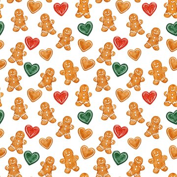 Festive seamless pattern with colorful decorated gingerbread cookies in shape of men and hearts.