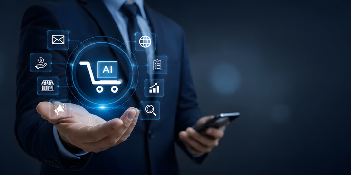 Businessman presenting digital e-commerce strategy with artificial intelligence shopping cart hologram.