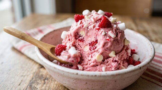 A bowl of raspberry and peppermint ice cream with a wooden spoon, topped with fresh raspberries and white chocolate chips, on a wooden table with a red and white striped napkin.