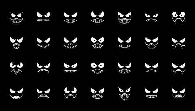 Set of glowing monster eyes and sharp fangs in darkness for halloween design with halloween menacing isolated
