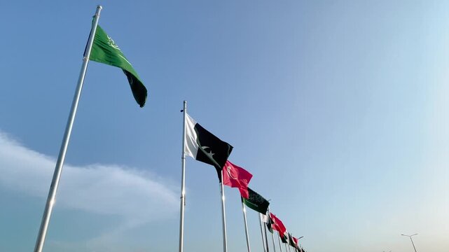 Pakistan Turkey Saudi Arabia National Flags on Flagpoles, International Relations, Trade and Economic Partnership Concept