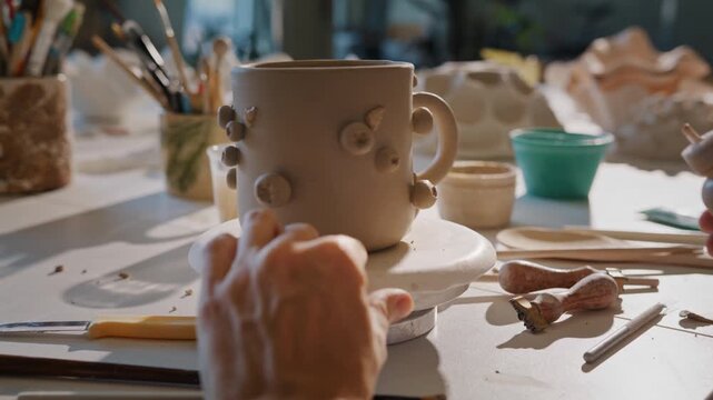 Potter applies protruding decoration to ceramic mug with tool