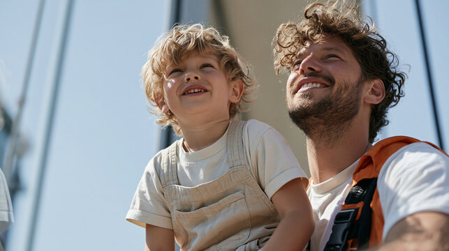 Child on the shoulders of a high-rise window cleaning rig operator at midday, both squinting against sun glare as the child peers through a spotless pane at a New Year babysitter